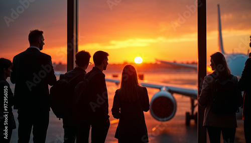 Silhouetted passengers at an airport window with a sunset-lit airliner, filled with travel excitement. photo