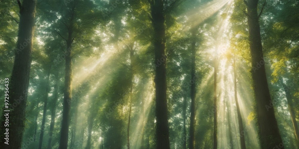 Obraz premium Digital art of a serene forest with tall trees, green foliage, a