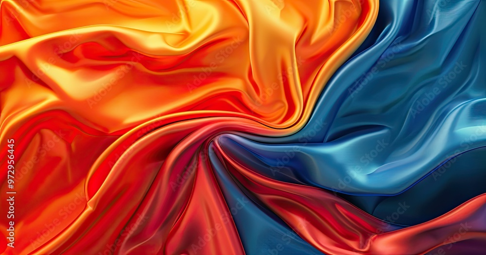 A vibrant swirl of satin fabric in orange, red, and blue hues, showcasing smooth textures and rich colors. A vibrant swirl of satin fabric in orange, red, and blue hues, showcasing smooth textures and rich colors.