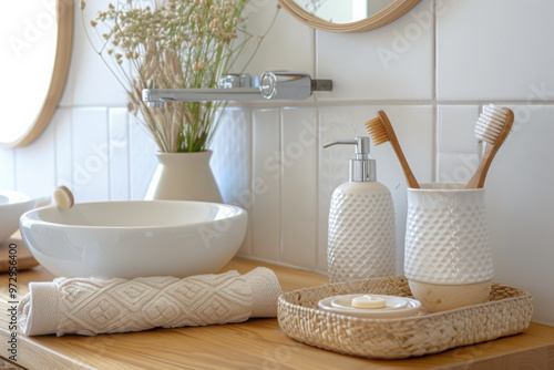 Styled shot of bathroom with light wood countertop with sink and lots of accessories like towel tray, cotton jar, toothbrush. photo