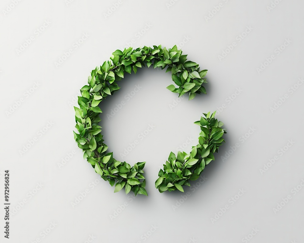Minimalist recycle symbol made from green leaves, centered on a clean white background, soft shadows Minimalist recycle symbol made from green leaves, centered on a clean white background, soft shadows