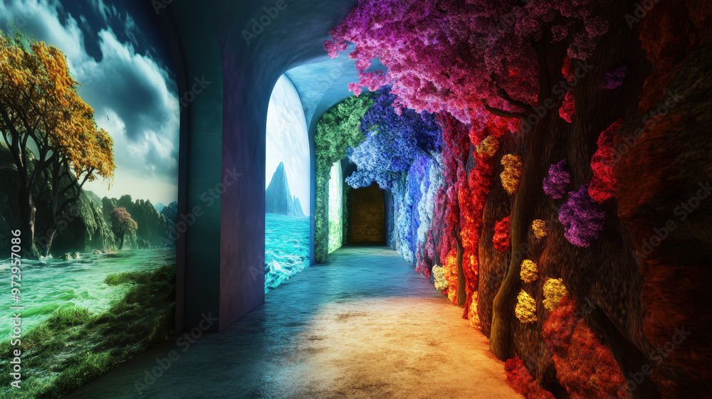 A vibrant and enchanting corridor showcases stunning murals of nature, featuring colorful trees and flowing water. artistic representation evokes sense of wonder and tranquility A vibrant and enchanting corridor showcases stunning murals of nature, featuring colorful trees and flowing water. artistic representation evokes sense of wonder and tranquility