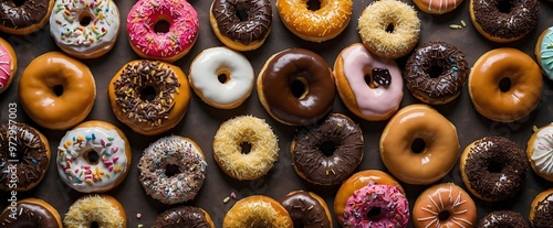 top view diverse donuts with different topping background
