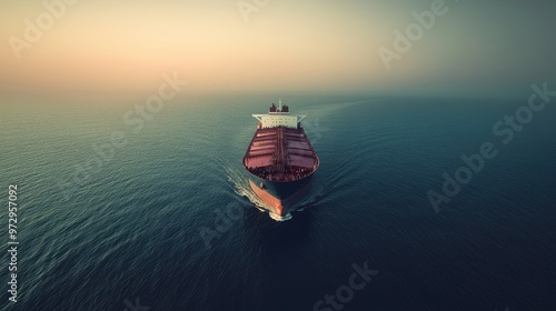 A majestic oil tanker sailing through deep ocean waters, with a clear sky above and a vast, endless horizon stretching into the distance.