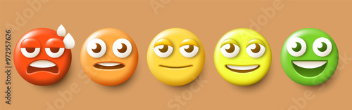 Likert scale. Five smileys. From red to green smiley. Vector clipart.