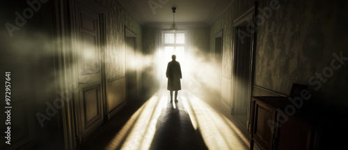 A mysterious figure stands in dimly lit hallway, surrounded by eerie shadows and beams of light. atmosphere evokes sense of suspense and intrigue, perfect for horror story