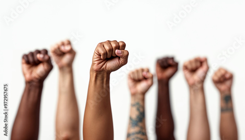 Raised fists of diverse women symbolize unity and empowerment with a bold, impactful visual. photo