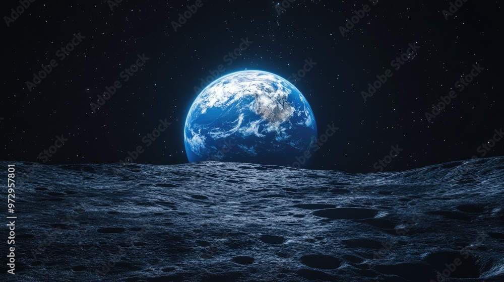 A breathtaking view of Earth rising above the lunar surface, a stunning spectacle of celestial beauty. A breathtaking view of Earth rising above the lunar surface, a stunning spectacle of celestial beauty.