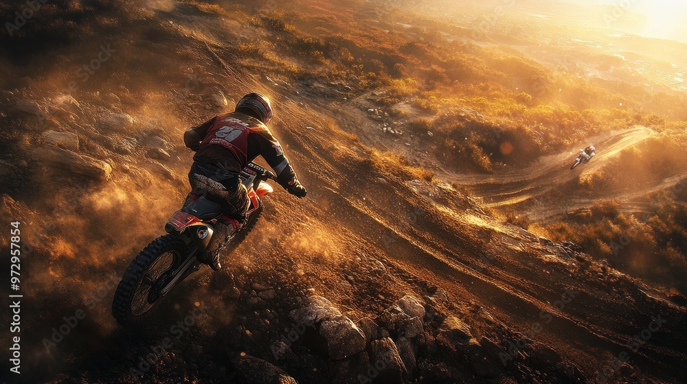 Obraz premium A motocross rider navigating a rugged terrain during sunset, creating a dynamic sports scene.