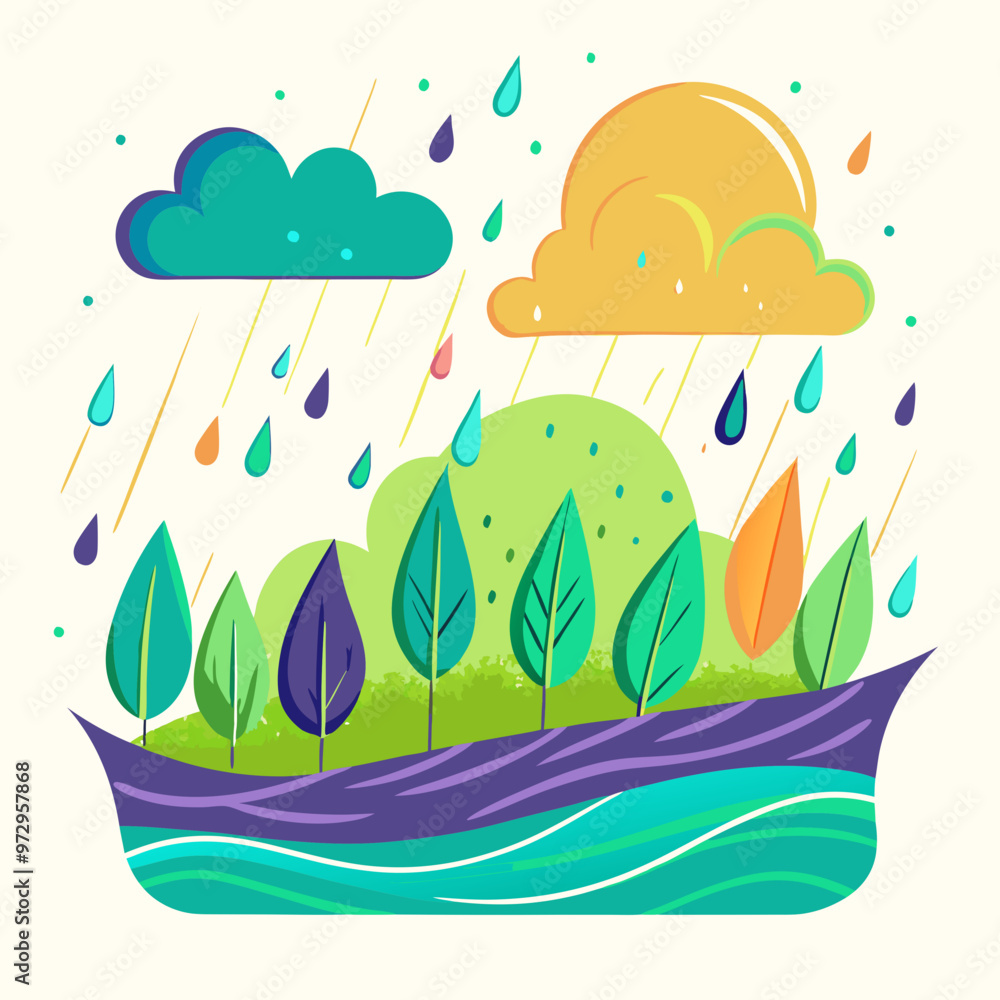Naklejka premium Playful nature scene with rain clouds, colorful leaves, and raindrops