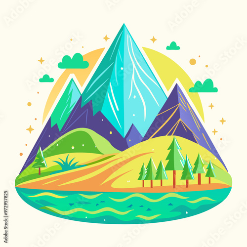 Abstract mountain landscape with trees and lake in vibrant colors