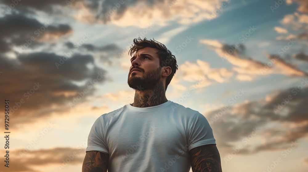 A man with tattoos looks out at the city skyline during a sunset. A man with tattoos looks out at the city skyline during a sunset.