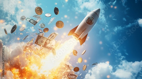 An illustrative image showing coins and banknotes attached to a rocket, symbolizing financial growth and success in business. photo