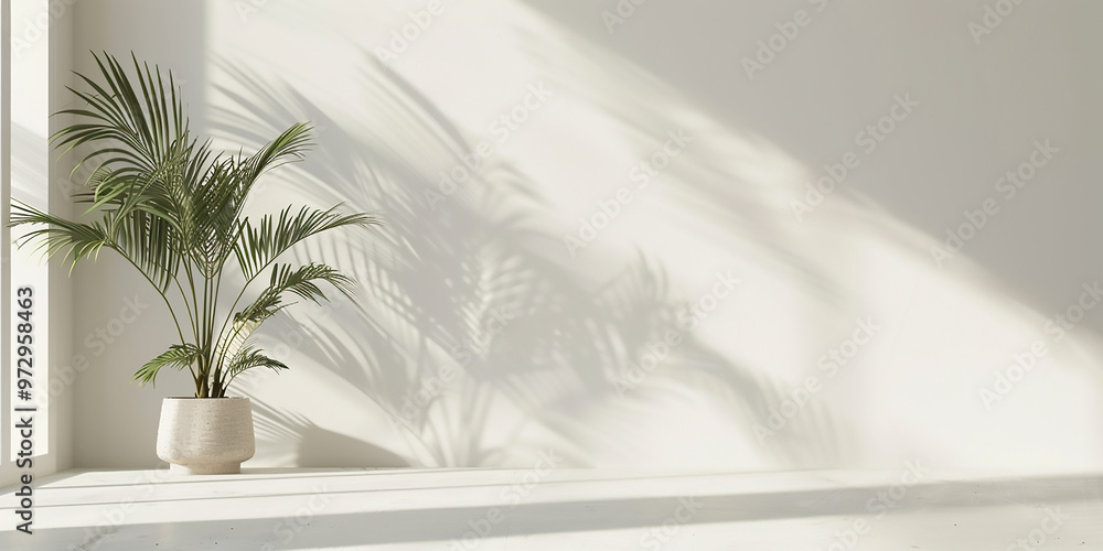 Empty room with shadows of window and flowers and palm leaves . 3d room with copy space. Empty room with shadows of window and flowers and palm leaves . 3d room with copy space.