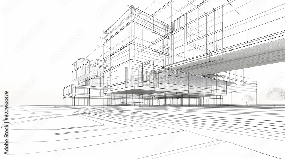 custom made wallpaper toronto digitalModern Architecture building construction perspective design, building sketch line drawing on white background