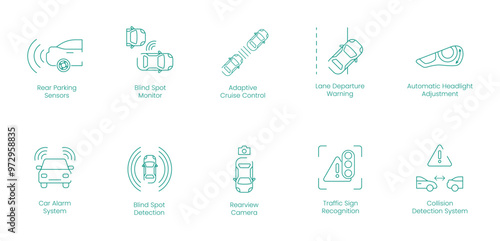 Rear Parking Sensors, Blind Spot Monitor, Adaptive Cruise Control, Lane Departure Warning, Automatic Headlight Adjustment, Car Alarm System, Blind Spot Detection, Rear View Camera vector icon set