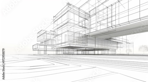 Modern Architecture building construction perspective design, building sketch line drawing on white background