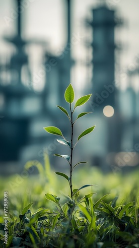 A small green tree with leaves growing in front of an industrial plant