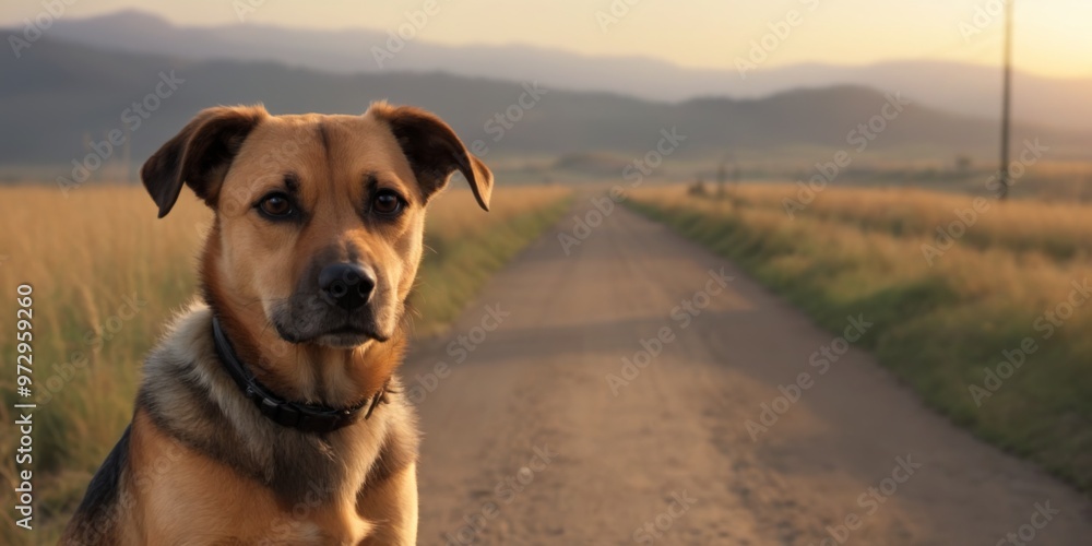 Dog with mix brown and black fur sitting on dirt road in field w Dog with mix brown and black fur sitting on dirt road in field w