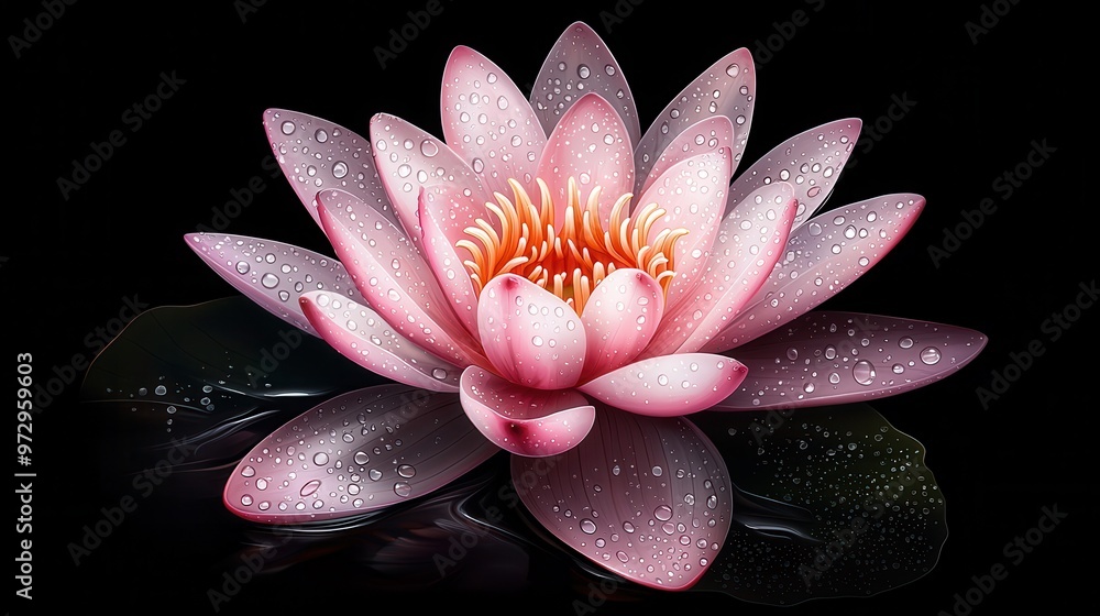 Beautiful pink lotus flower with raindrops on its petals against a dark background. Beautiful pink lotus flower with raindrops on its petals against a dark background.
