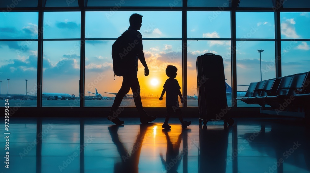 Silhouette of a Muslim Family Traveling Through a Calm Airport Terminal. Holiday concept Silhouette of a Muslim Family Traveling Through a Calm Airport Terminal. Holiday concept