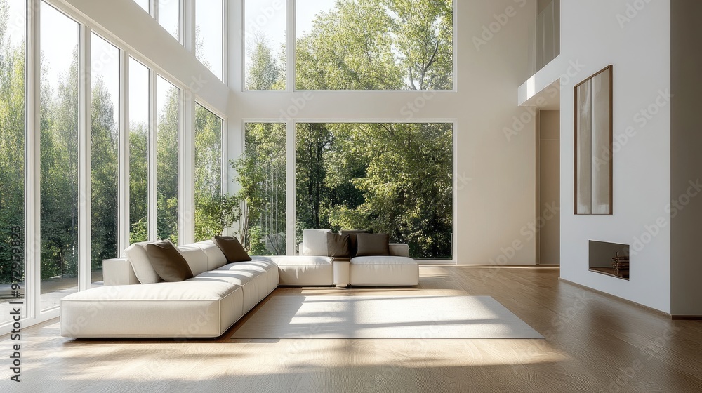 A modern living room with minimalist furniture, neutral colors, and clean lines, showcasing an open and uncluttered space with large windows. A modern living room with minimalist furniture, neutral colors, and clean lines, showcasing an open and uncluttered space with large windows.