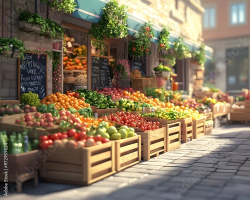 Colorful market scene with fresh fruits and vegetables displayed in wooden crates, showcasing the vibrant beauty of local produce.