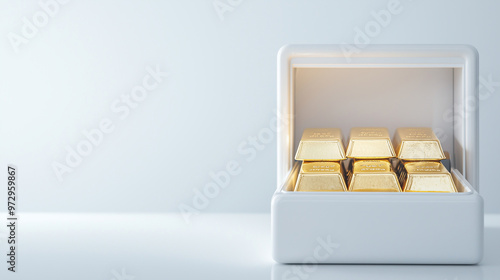 A secure safe containing gold bars of 50, 100, and 200 grams, displayed on a white table with a pure white background for a clean, refined look. photo