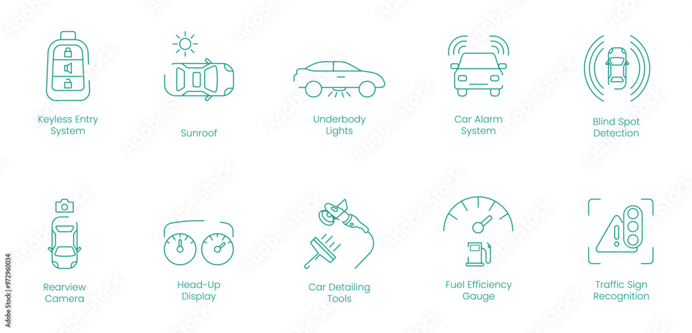 Fototapeta premium Keyless Entry System, Sunroof, Underbody Lights, Car Alarm System, Blind Spot Detection, Rear View Camera, Head Up Display, Car Detailing Tools, Fuel Efficiency Gauge vector icon set