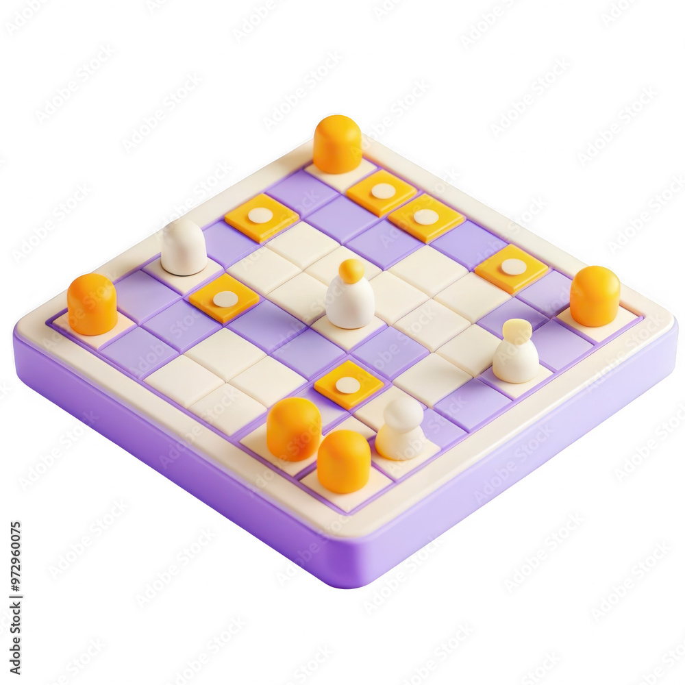 A 3D rendering of a chessboard with unique and simplistic piece styles in a colorful and modern design, representing an abstract approach to the classic strategy game A 3D rendering of a chessboard with unique and simplistic piece styles in a colorful and modern design, representing an abstract approach to the classic strategy game