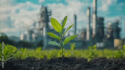 A small green tree with leaves growing in front of an industrial plant