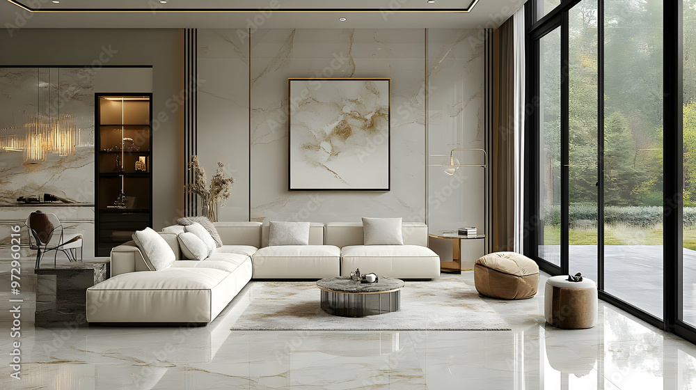 Modern living room with elegant decor and large windows showcasing a natural view.