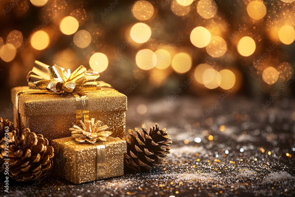 Golden holiday presents wrapped elegantly with bows and surrounded by pine cones, creating a festive atmosphere during winter Golden holiday presents wrapped elegantly with bows and surrounded by pine cones, creating a festive atmosphere during winter