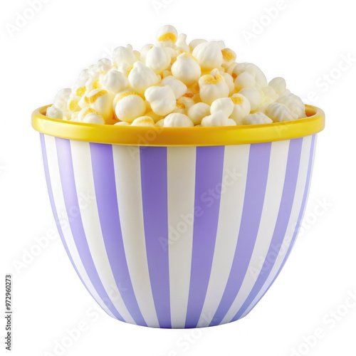 An image of popcorn in a striped bowl is displayed on a plain white background. Unique and eye-catching design. photo