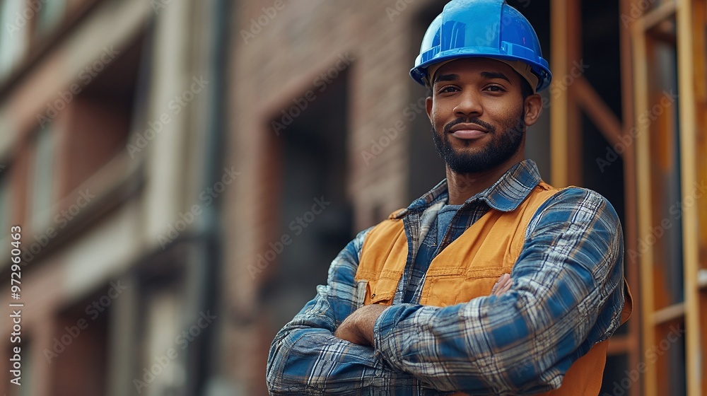 confident mixed race construction worker in a blue helmet standing with arms crossed, portraying a professional image and the importance of safety and hard work on the jobsite confident mixed race construction worker in a blue helmet standing with arms crossed, portraying a professional image and the importance of safety and hard work on the jobsite