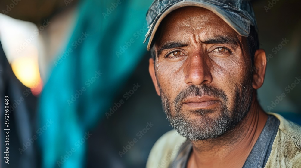 Portrait of a migrant worker with health issues, tired expression, industrial background Portrait of a migrant worker with health issues, tired expression, industrial background