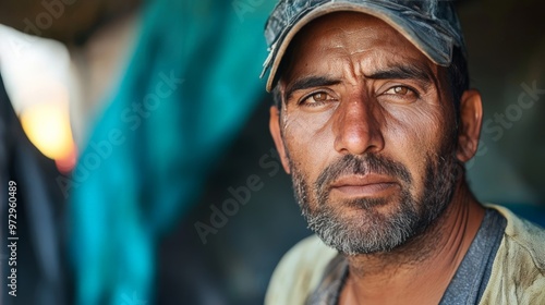 Portrait of a migrant worker with health issues, tired expression, industrial background