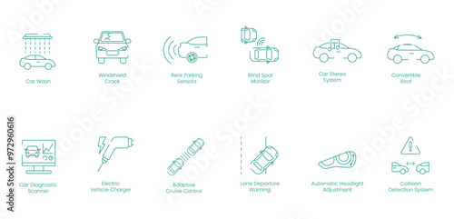 Car Wash, Windshield Crack, Rear Parking Sensors, Blind Spot Monitor, Car Stereo System, Convertible Roof, Car Diagnostic Scanner, Electric Vehicle Charger, Adaptive Cruise Control vector icon set