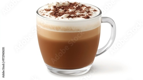 Rich Creamy Cappuccino with Delicate Foam Layer, Dusting of Cocoa Powder on Clean White Background, Deep Brown Drink Forming Stark Contrast. 