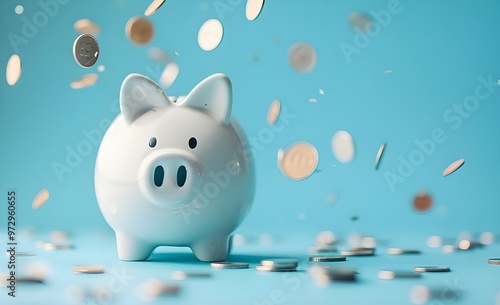 Piggy bank with falling coins on blue background. 3D rendering. - Generated AI