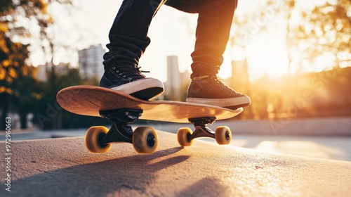 A skater performing tricks during sunset, showcasing skill and leisure in an urban setting.