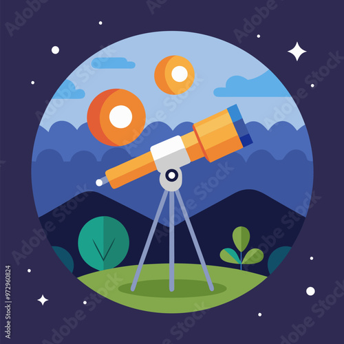 Telescope for space exploration, science discovery and astronomy studying. Equipment for watching stars and planets in cosmos. Night landscape with glass on tripod on hill, Cartoon vector illustration