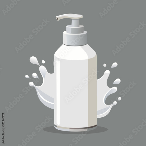 Milk cosmetics realistic vector blurred background. Skin care cosmetic product, body lotion in white bottle with silver dispenser and milk splash, crown isolated on gray. Mock-up promo poster