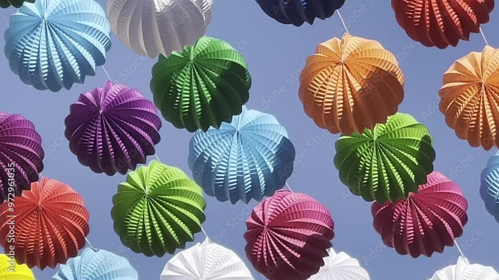 4k video of colorful round lanterns hanging high as background. Balloon Decorations In Spain. Town Festival in 4K: Streets Decorated with Colorful Lanterns. 4k video of colorful round lanterns hanging high as background. Balloon Decorations In Spain. Town Festival in 4K: Streets Decorated with Colorful Lanterns.