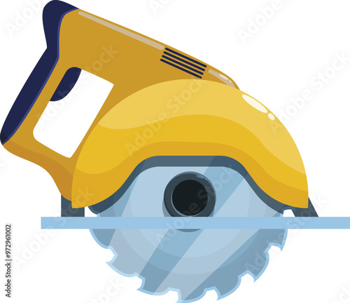 Cartoon illustration of a yellow electric saw cutting through material