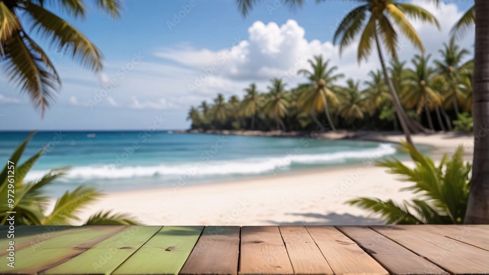 Fototapeta premium Wooden table top with blurred tropical beach background.