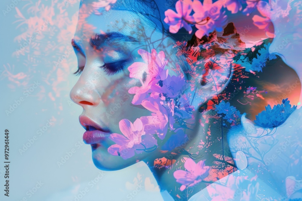 A serene profile of a woman with floral elements overlaying her face, blending nature and beauty seamlessly A serene profile of a woman with floral elements overlaying her face, blending nature and beauty seamlessly