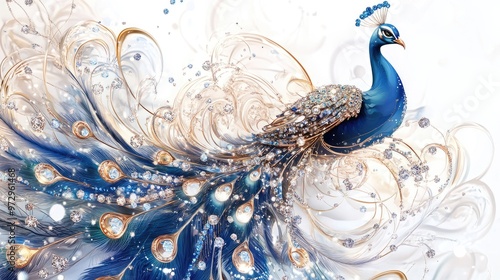 Wallpaper Mural Close-up of a peacock decorated with intricate jewelry and sparkling diamonds, creating an elegant and abstract design on a white background Torontodigital.ca