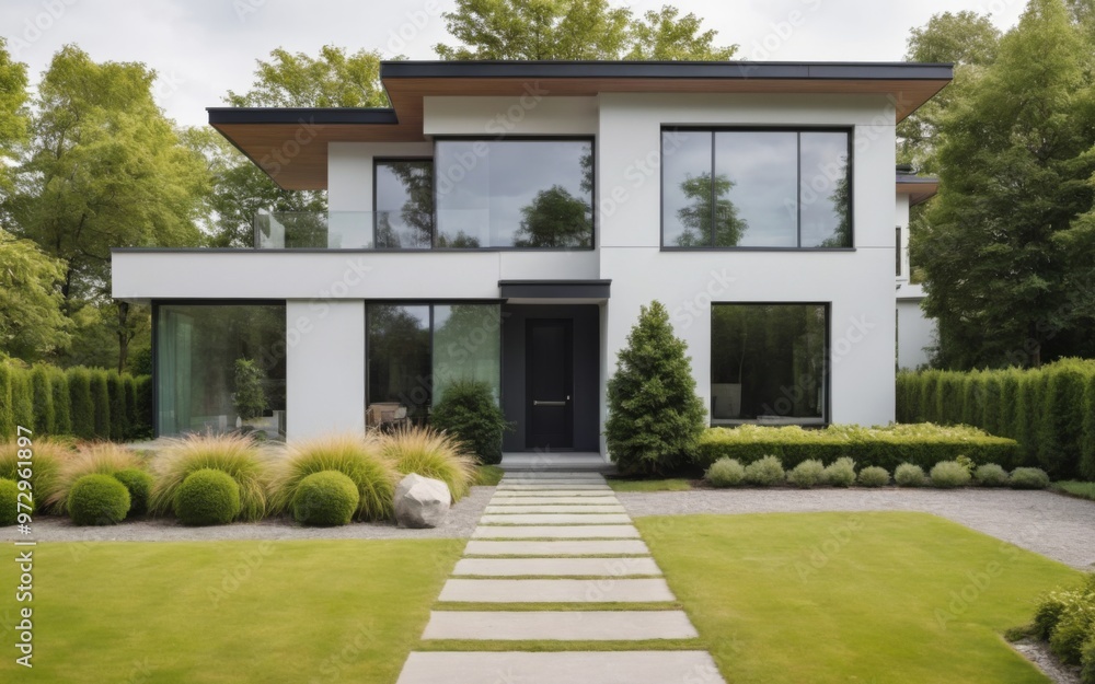Obraz premium Peaceful modern two-story house with well-manicured garden, ston