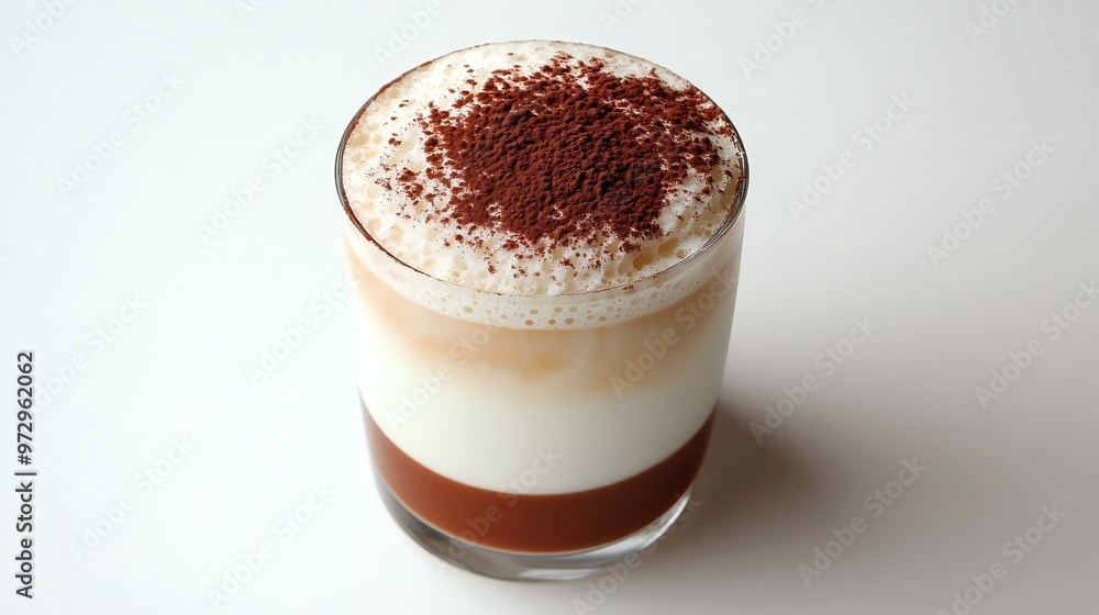 Rich Creamy Cappuccino with Delicate Foam Layer, Dusting of Cocoa Powder on Clean White Background, Deep Brown Drink Forming Stark Contrast. Rich Creamy Cappuccino with Delicate Foam Layer, Dusting of Cocoa Powder on Clean White Background, Deep Brown Drink Forming Stark Contrast.
